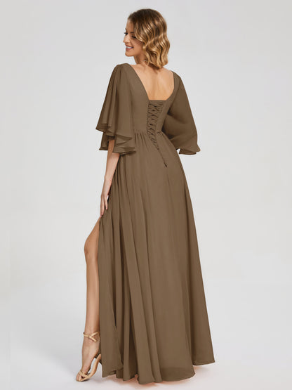 Giselle V-neck Half Sleeves Slit Bridesmaid Dress