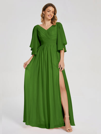 Giselle V-neck Half Sleeves Slit Bridesmaid Dress
