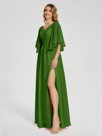 Giselle V-neck Half Sleeves Slit Bridesmaid Dress