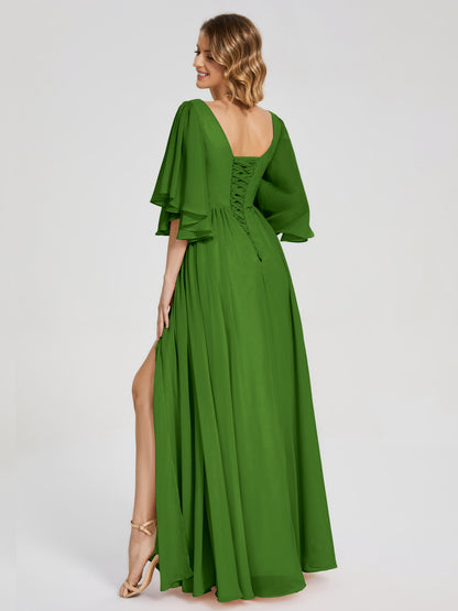 Giselle V-neck Half Sleeves Slit Bridesmaid Dress