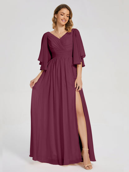 Giselle V-neck Half Sleeves Slit Bridesmaid Dress