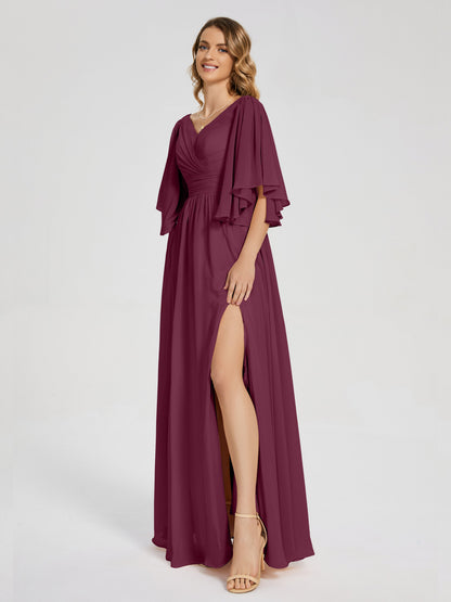Giselle V-neck Half Sleeves Slit Bridesmaid Dress