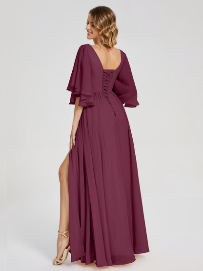 Giselle V-neck Half Sleeves Slit Bridesmaid Dress