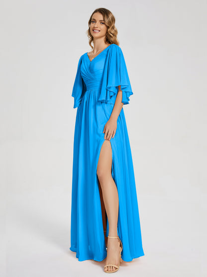 Giselle V-neck Half Sleeves Slit Bridesmaid Dress