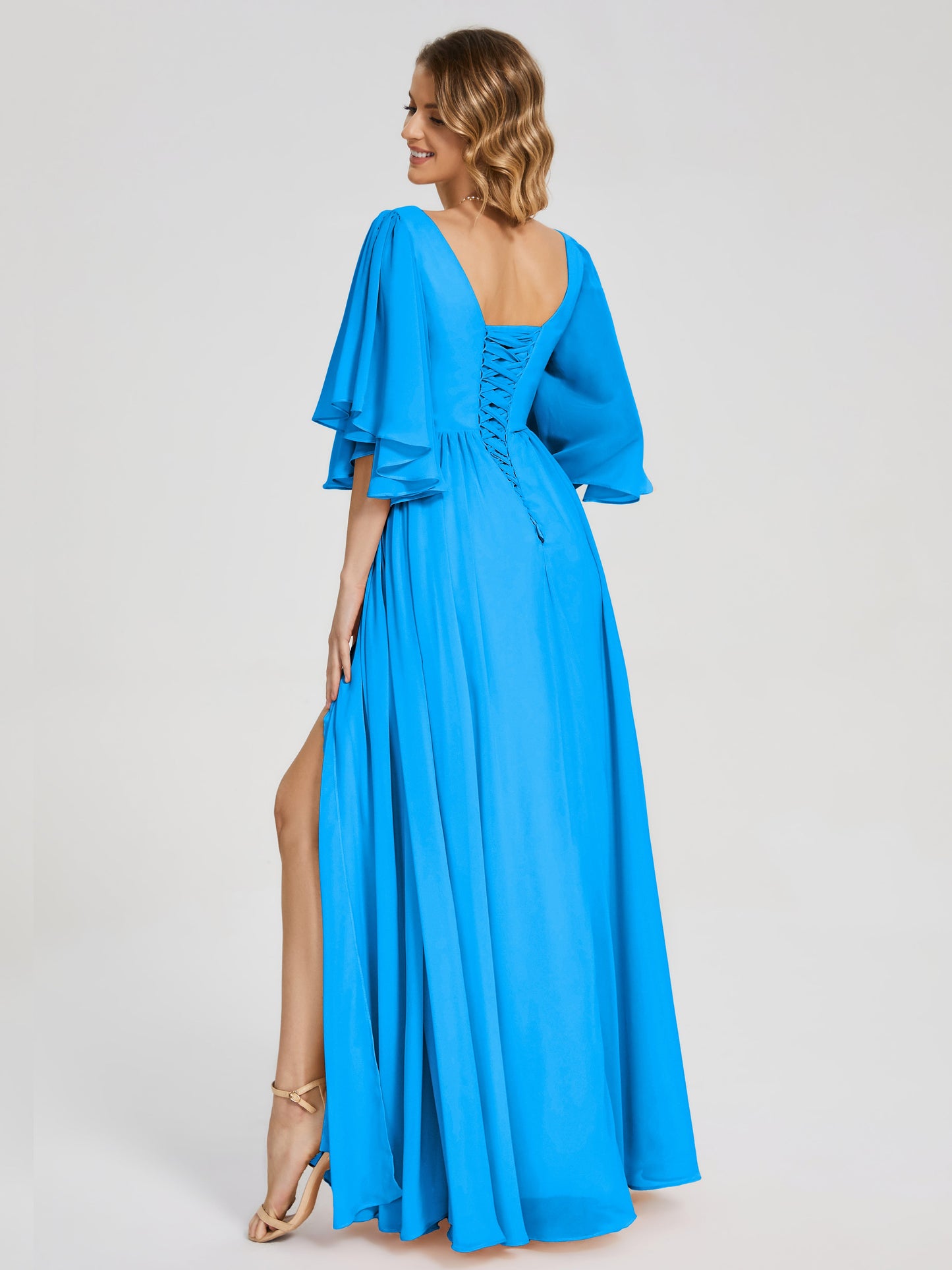 Giselle V-neck Half Sleeves Slit Bridesmaid Dress