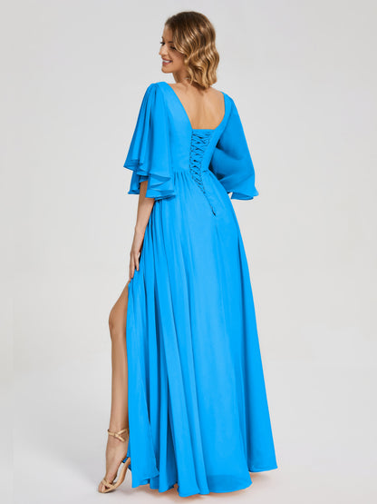 Giselle V-neck Half Sleeves Slit Bridesmaid Dress