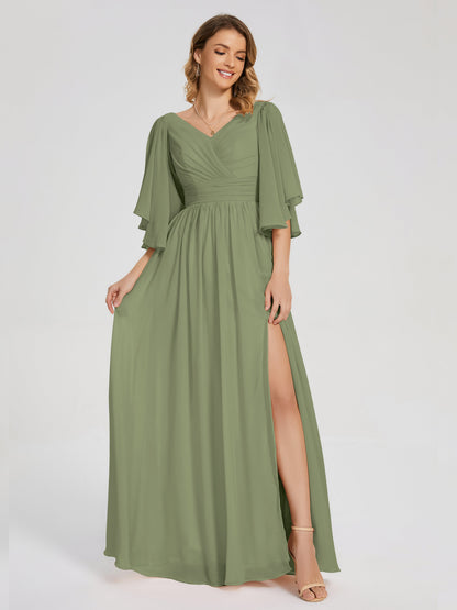 Giselle V-neck Half Sleeves Slit Bridesmaid Dress