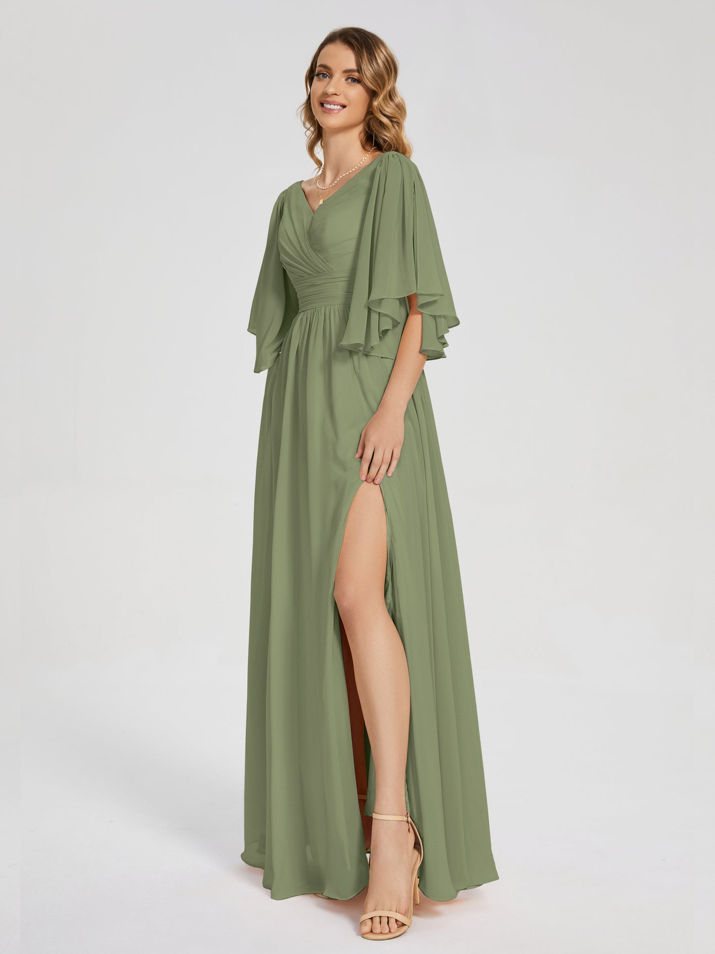 Giselle V-neck Half Sleeves Slit Bridesmaid Dress