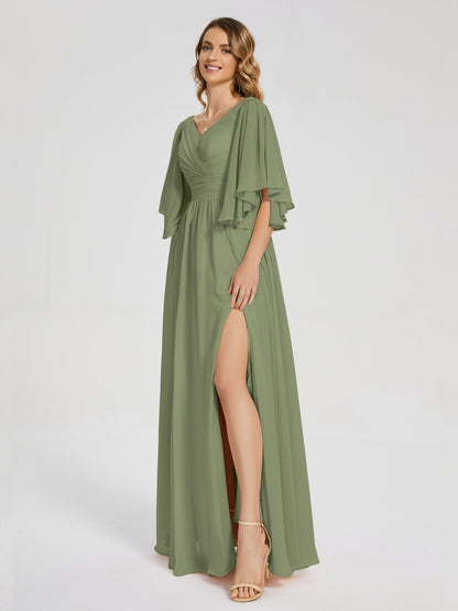 Giselle V-neck Half Sleeves Slit Bridesmaid Dress