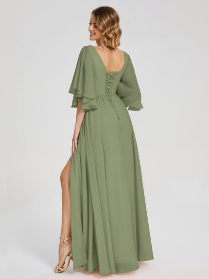 Giselle V-neck Half Sleeves Slit Bridesmaid Dress