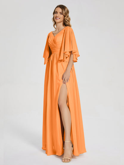 Giselle V-neck Half Sleeves Slit Bridesmaid Dress