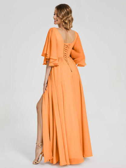 Giselle V-neck Half Sleeves Slit Bridesmaid Dress