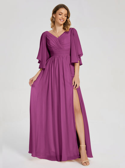 Giselle V-neck Half Sleeves Slit Bridesmaid Dress