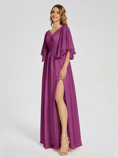 Giselle V-neck Half Sleeves Slit Bridesmaid Dress