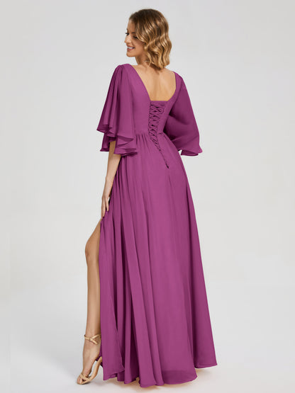 Giselle V-neck Half Sleeves Slit Bridesmaid Dress