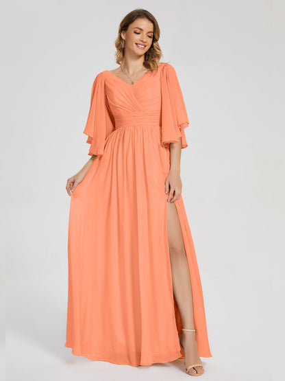 Giselle V-neck Half Sleeves Slit Bridesmaid Dress