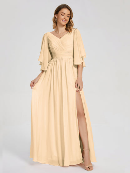 Giselle V-neck Half Sleeves Slit Bridesmaid Dress