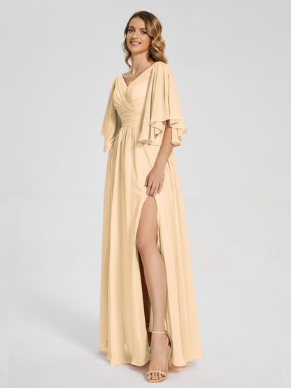 Giselle V-neck Half Sleeves Slit Bridesmaid Dress