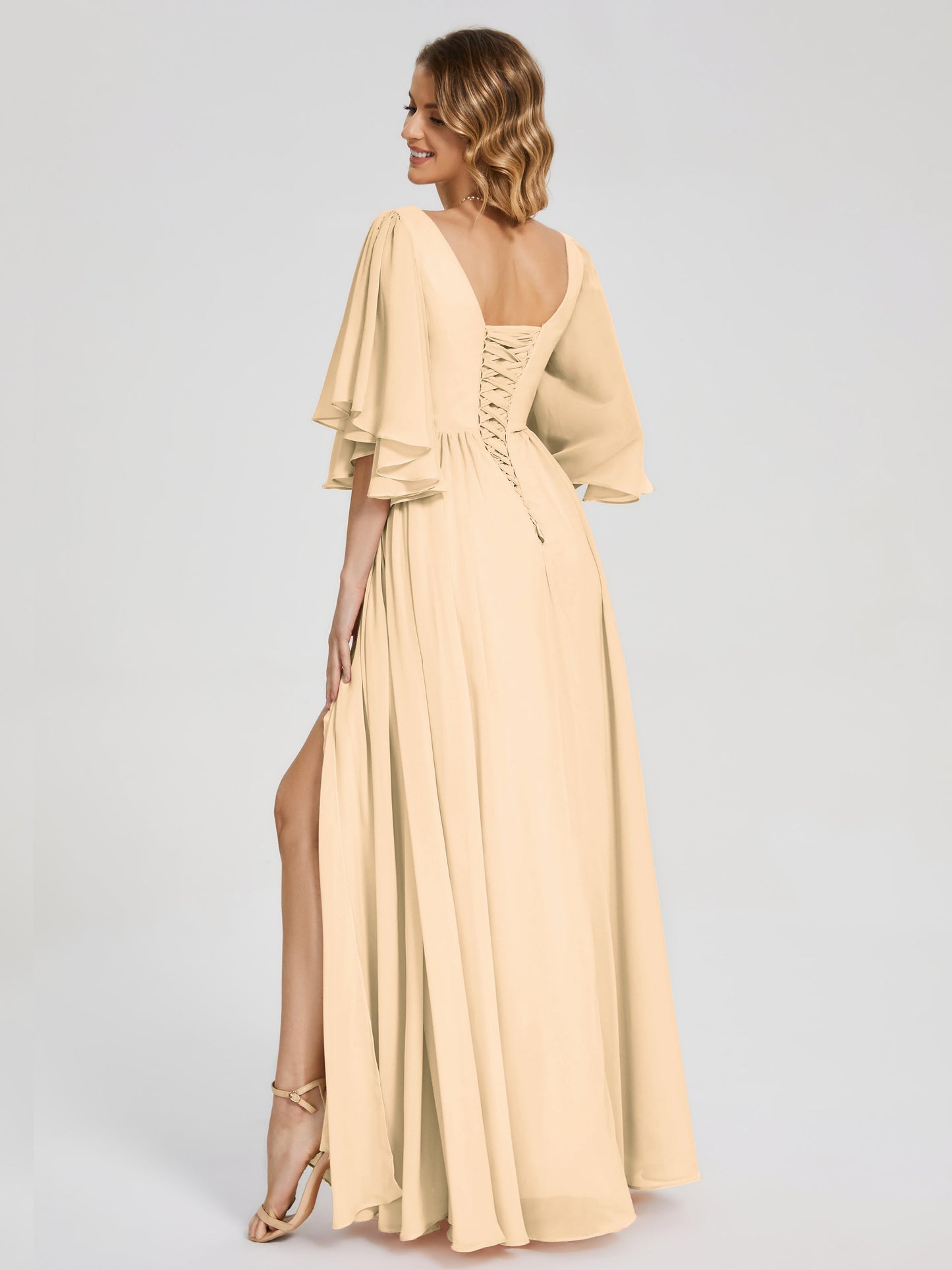 Giselle V-neck Half Sleeves Slit Bridesmaid Dress