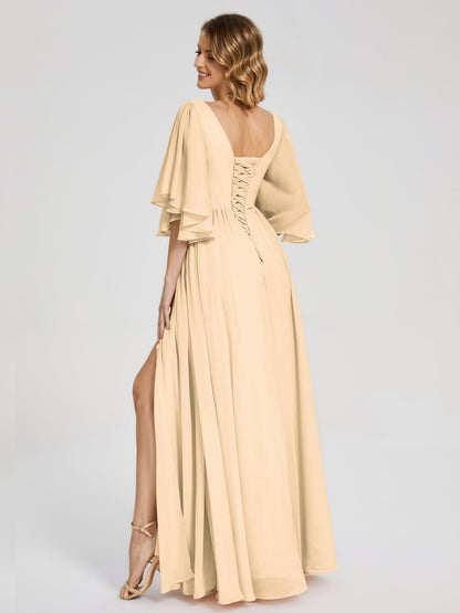 Giselle V-neck Half Sleeves Slit Bridesmaid Dress