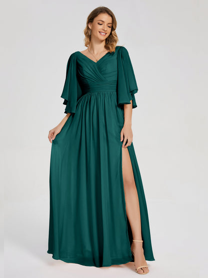 Giselle V-neck Half Sleeves Slit Bridesmaid Dress