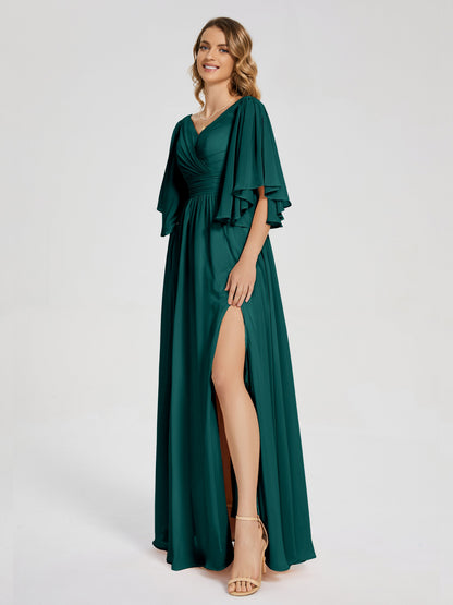 Giselle V-neck Half Sleeves Slit Bridesmaid Dress