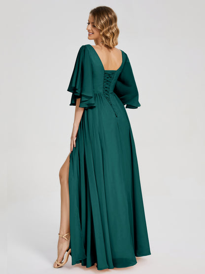 Giselle V-neck Half Sleeves Slit Bridesmaid Dress