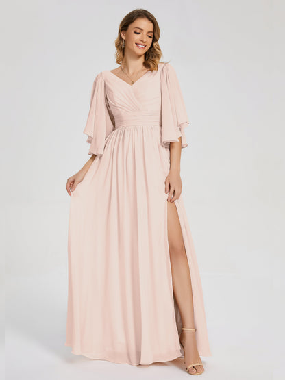 Giselle V-neck Half Sleeves Slit Bridesmaid Dress