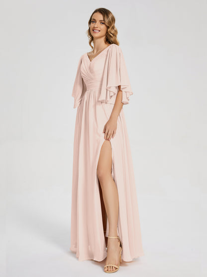 Giselle V-neck Half Sleeves Slit Bridesmaid Dress
