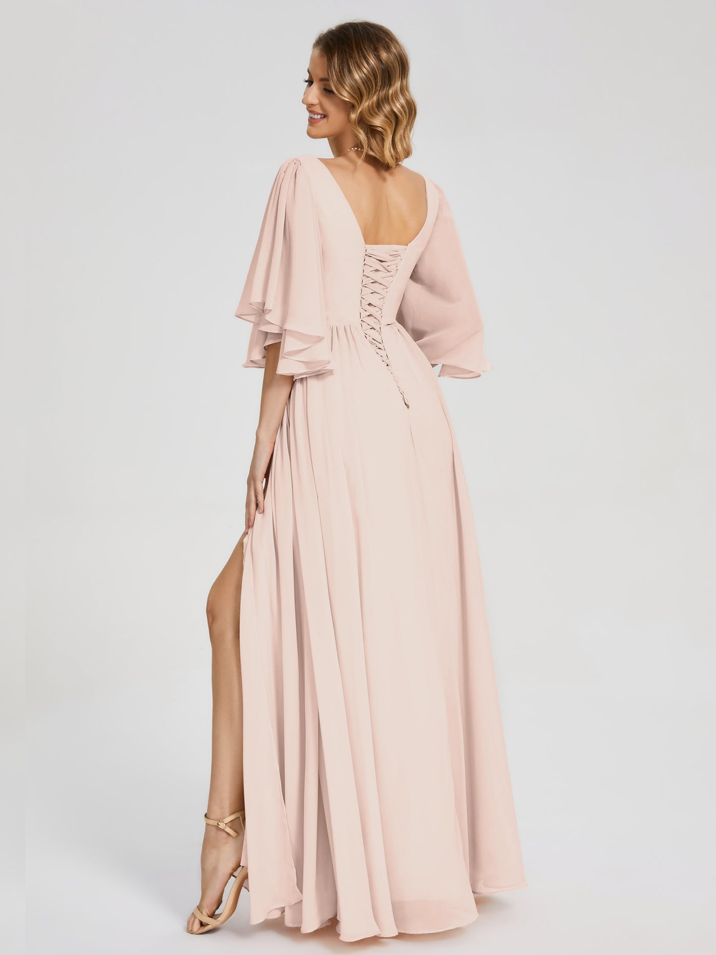 Giselle V-neck Half Sleeves Slit Bridesmaid Dress