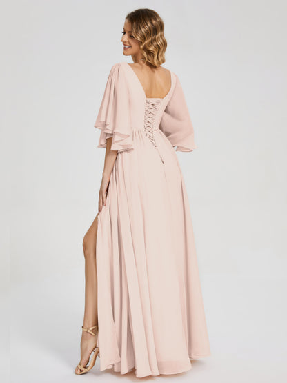 Giselle V-neck Half Sleeves Slit Bridesmaid Dress
