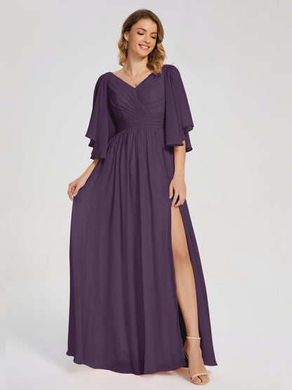 Giselle V-neck Half Sleeves Slit Bridesmaid Dress