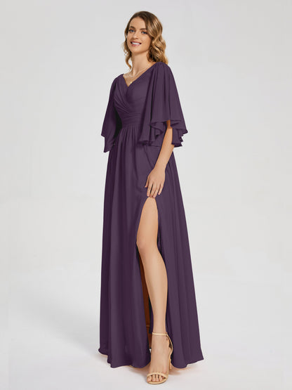 Giselle V-neck Half Sleeves Slit Bridesmaid Dress