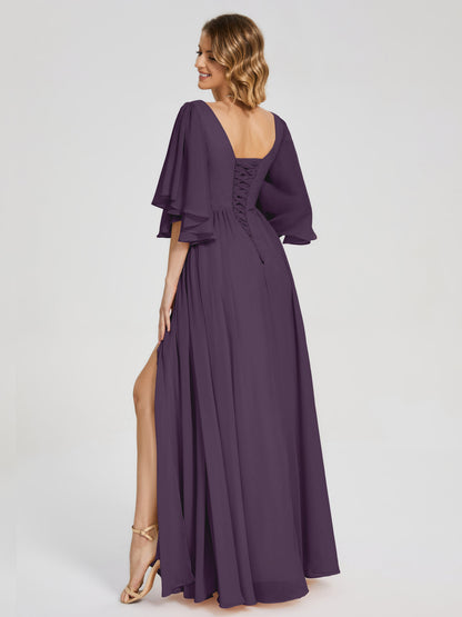 Giselle V-neck Half Sleeves Slit Bridesmaid Dress