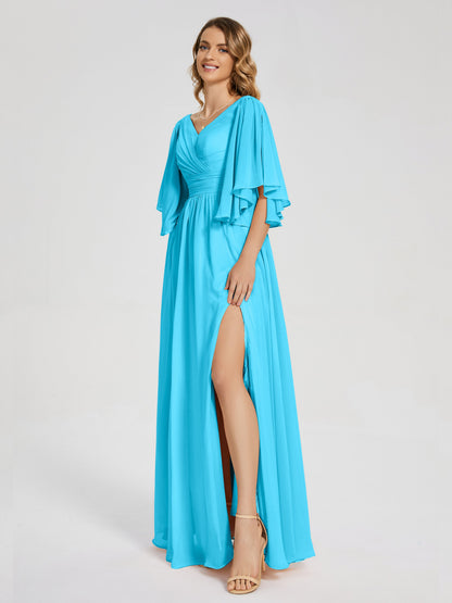 Giselle V-neck Half Sleeves Slit Bridesmaid Dress