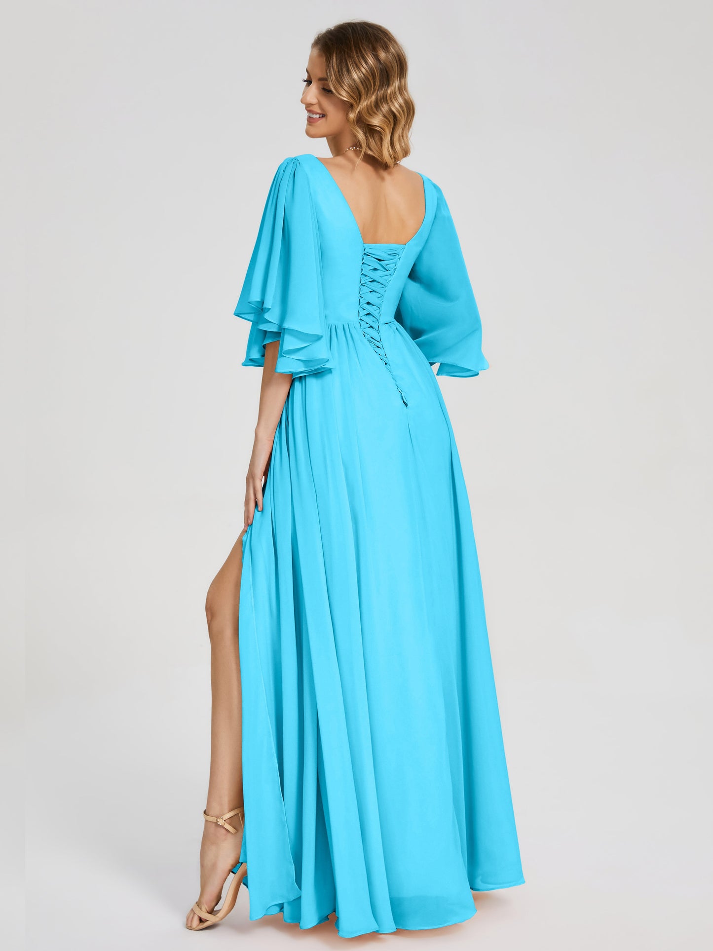 Giselle V-neck Half Sleeves Slit Bridesmaid Dress