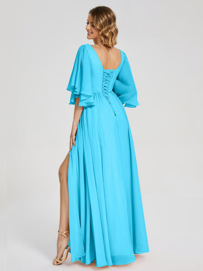 Giselle V-neck Half Sleeves Slit Bridesmaid Dress