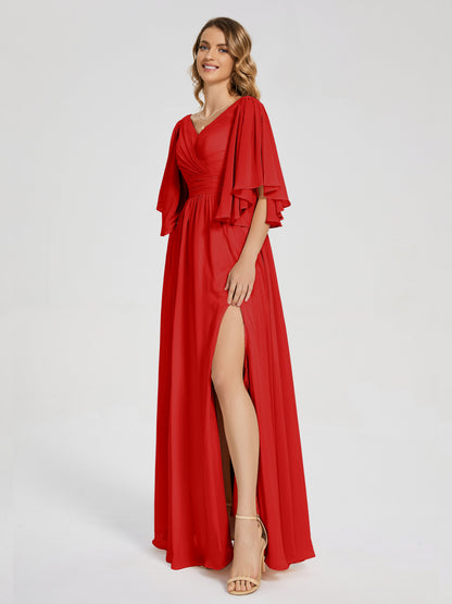 Giselle V-neck Half Sleeves Slit Bridesmaid Dress