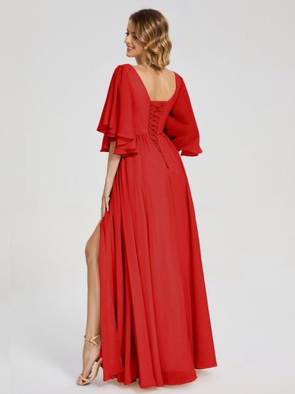 Giselle V-neck Half Sleeves Slit Bridesmaid Dress