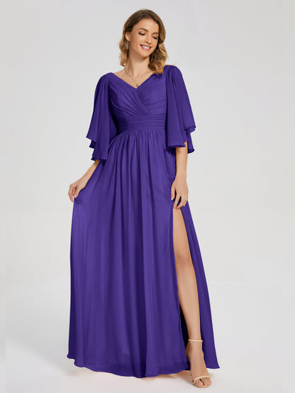 Giselle V-neck Half Sleeves Slit Bridesmaid Dress