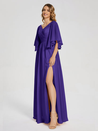 Giselle V-neck Half Sleeves Slit Bridesmaid Dress