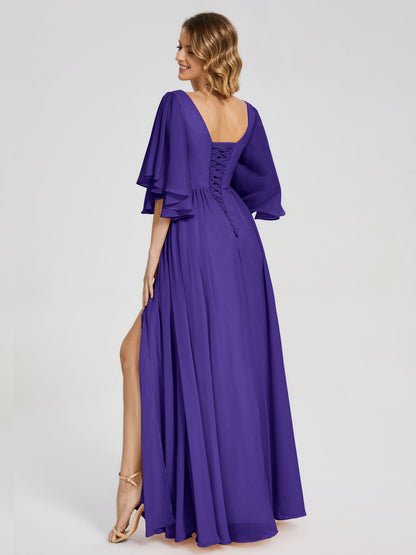 Giselle V-neck Half Sleeves Slit Bridesmaid Dress