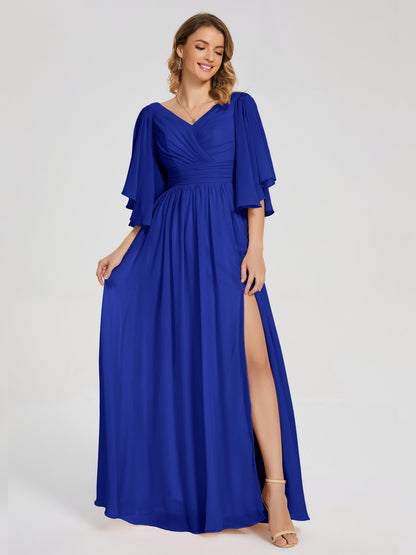 Giselle V-neck Half Sleeves Slit Bridesmaid Dress