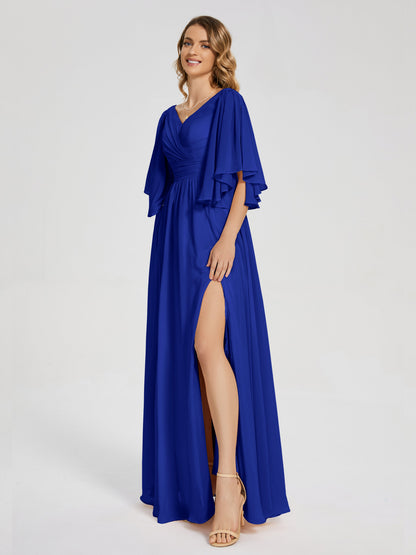 Giselle V-neck Half Sleeves Slit Bridesmaid Dress