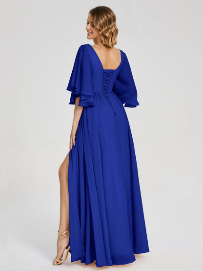 Giselle V-neck Half Sleeves Slit Bridesmaid Dress