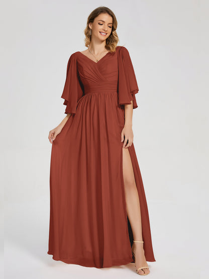 Giselle V-neck Half Sleeves Slit Bridesmaid Dress