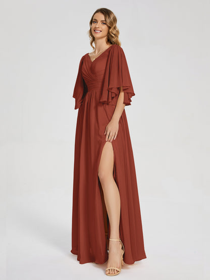 Giselle V-neck Half Sleeves Slit Bridesmaid Dress