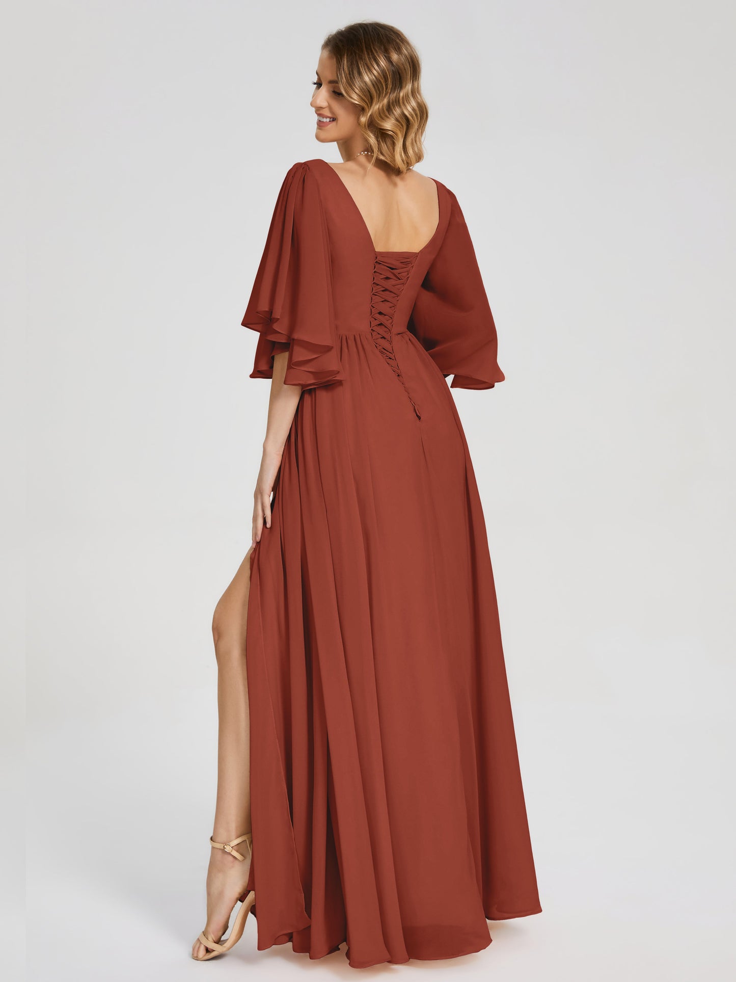 Giselle V-neck Half Sleeves Slit Bridesmaid Dress