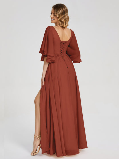 Giselle V-neck Half Sleeves Slit Bridesmaid Dress