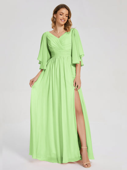 Giselle V-neck Half Sleeves Slit Bridesmaid Dress